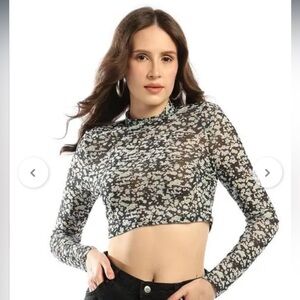 ASOS DESIGN Hourglass Mesh High-Neck Long Sleeve Crop Top in Blue Floral